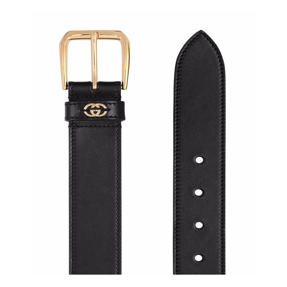 Belt with square buckle and Interlocking G in black leather