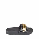 Moschino Black & Gold Logo Slide Sandals Moschino| The DeLaMode