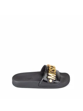 Moschino Black & Gold Logo Slide Sandals Moschino| The DeLaMode