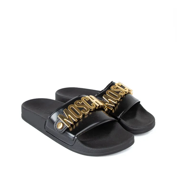Moschino Black & Gold Logo Slide Sandals Moschino| The DeLaMode