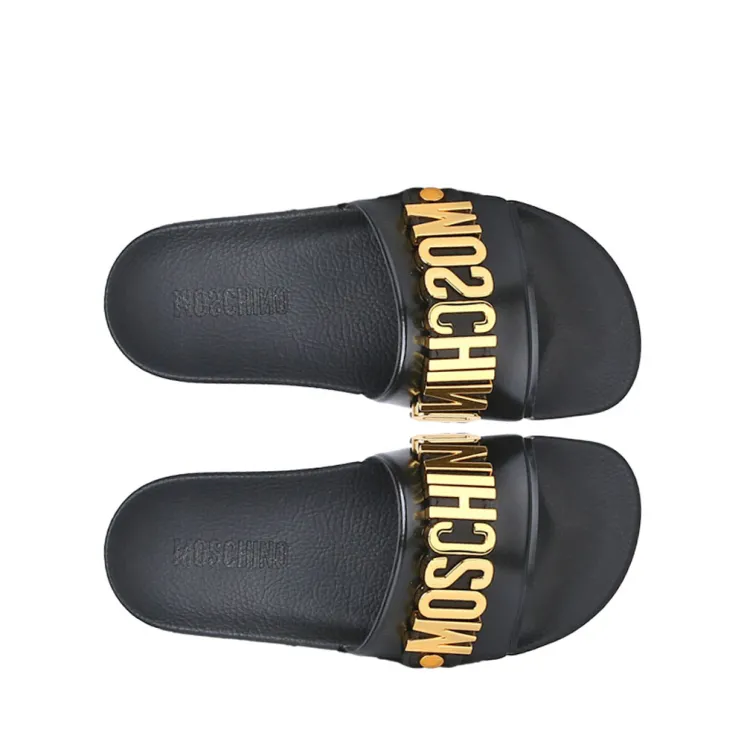 Moschino Black & Gold Logo Slide Sandals Moschino| The DeLaMode