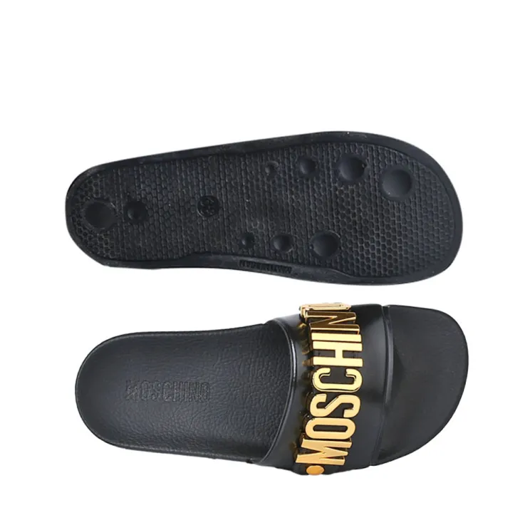 Moschino Black & Gold Logo Slide Sandals Moschino| The DeLaMode